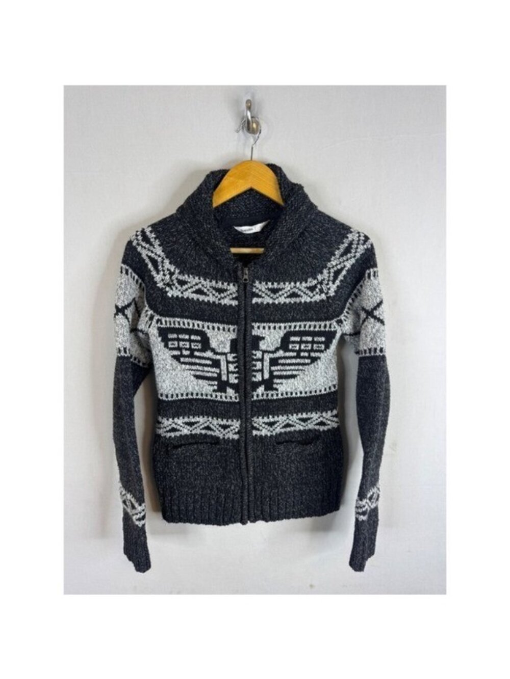 Bluenotes Gray Thunderbird Cowciahn Eagle Zip Cardigan Sweater S Shawl Collar